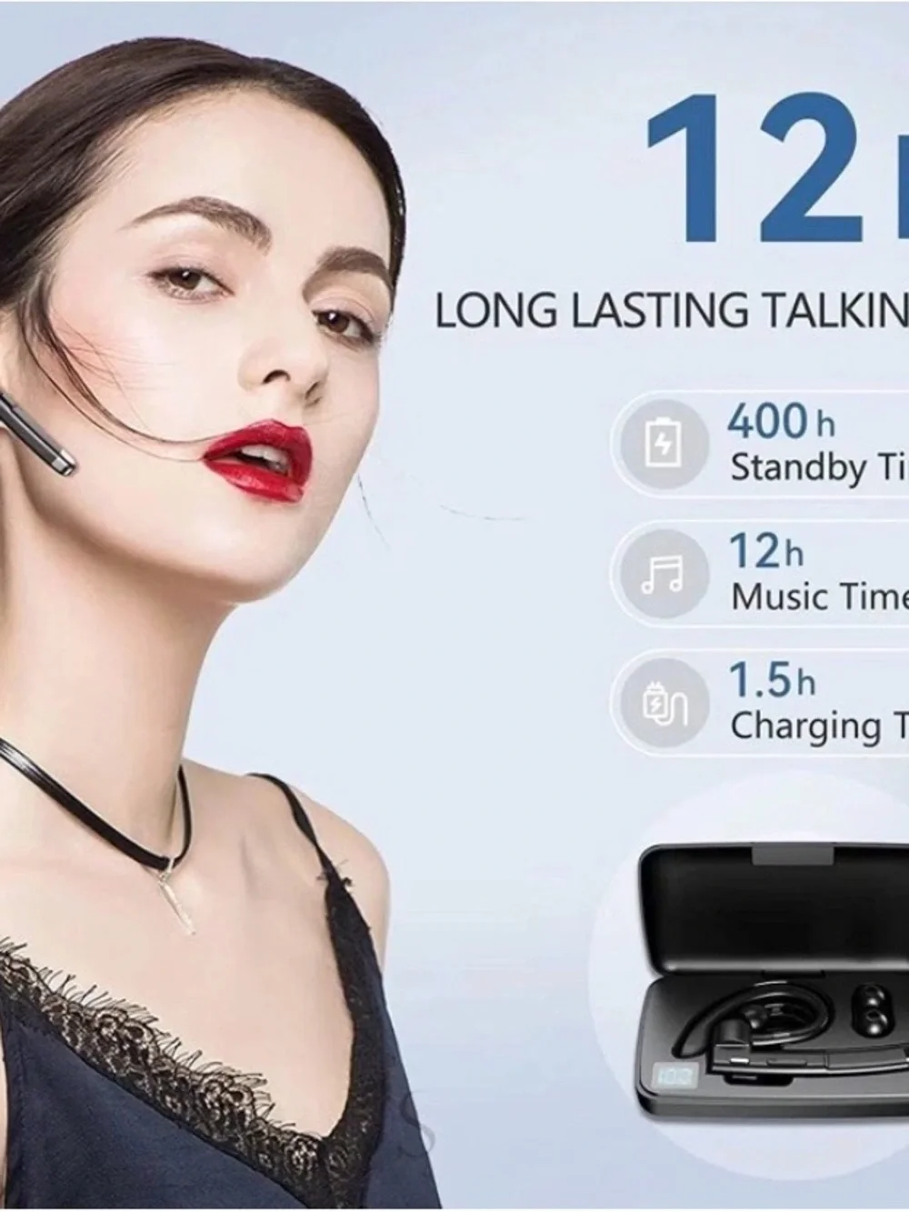 Sleek Black Bluetooth Ear-Hook Headset with Charging Case